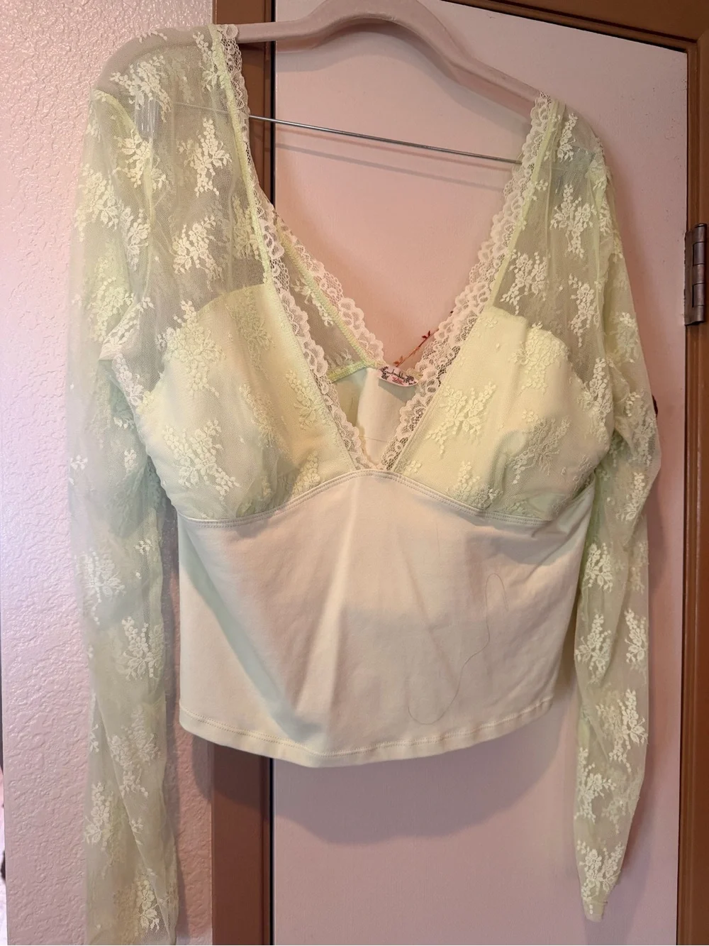 Free People Lace-Detail Long Sleeve Bralette Top in Pale Green
